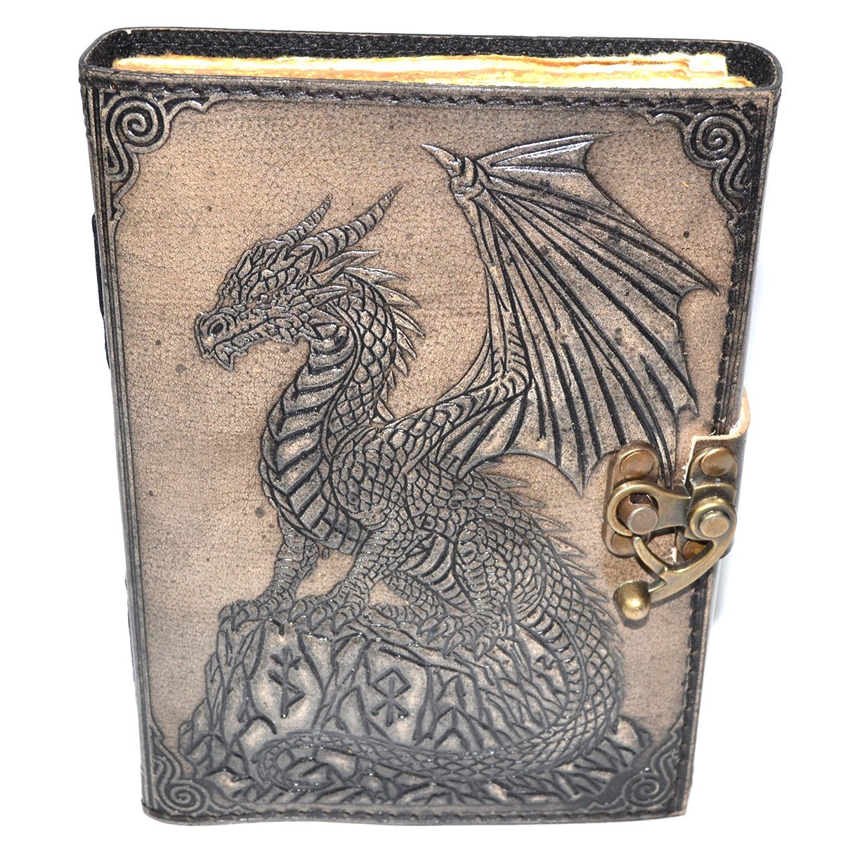 Dragon On Rock Aged-Looking Leather Journal w/ Latch