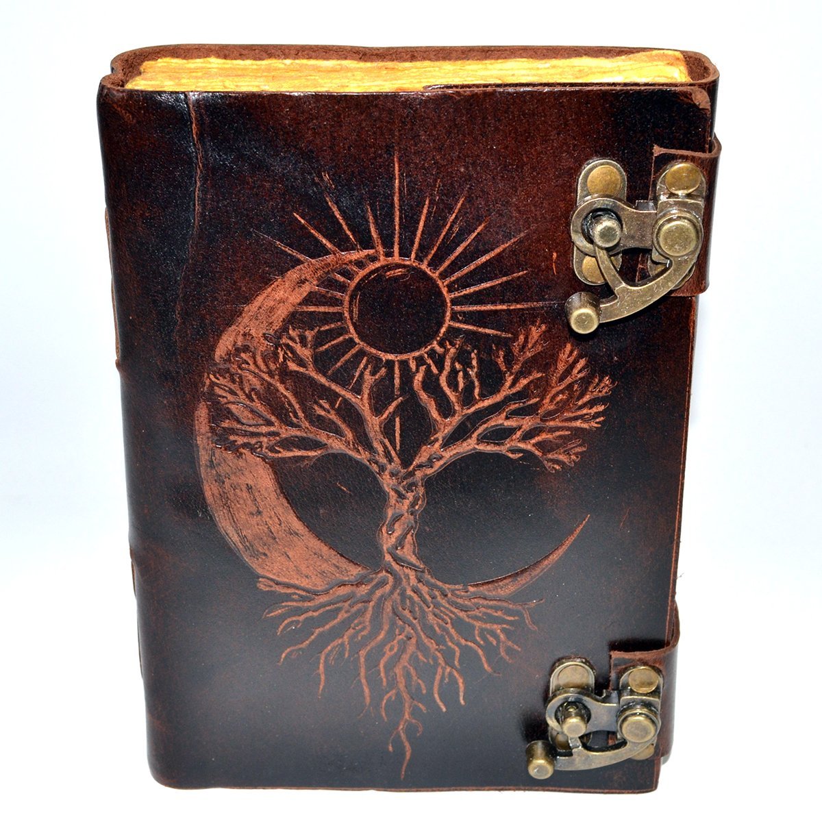 Sun, Moon & Tree Aged-Look Leather Journal w/ Double Latch