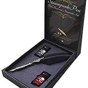 Steampunk Engraved Quill Pen Set With Black & Amaranth Ink