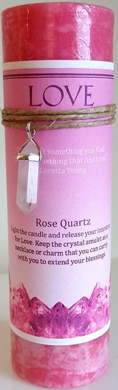 Love Pillar Candle With Rose Quartz Pendant 6 1/4" x 2"