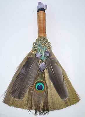 13" Ritual Broom w/ Peacock Feather And Crystal Accent