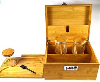 Wooden Stash Box With Three Jars, Removable Tray, Brush, And Combination Lock