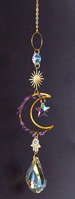 Celestial Crescent Sun Catcher With Hamsa Hand And Prism, 16"