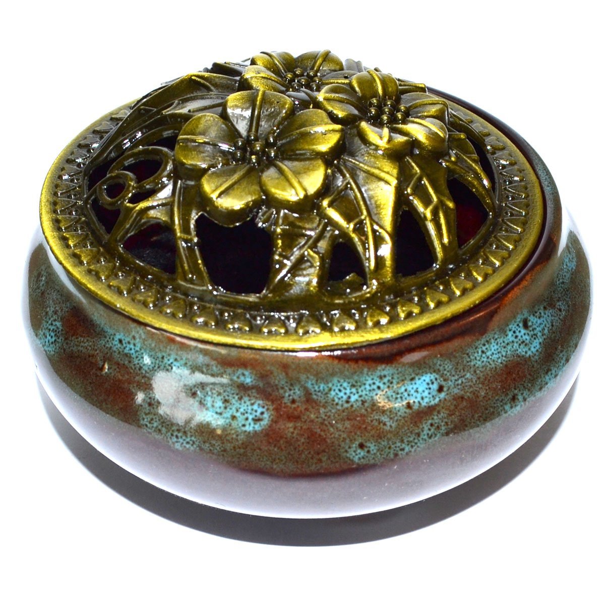3 3/4" Ocean Blue Ceramic Incense Burner With Floral Lid