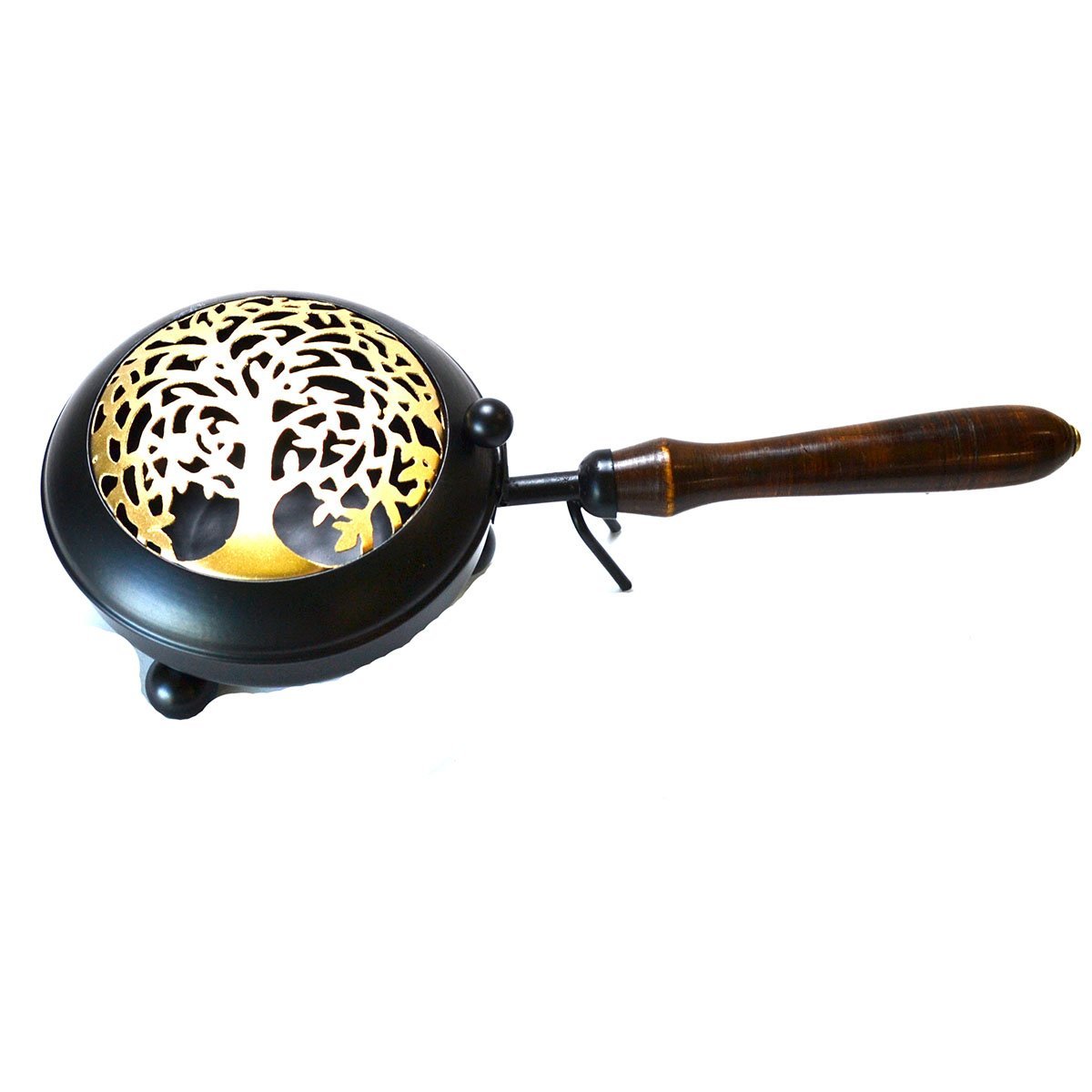 11" Tree Of Life Metal Charcoal Incense Burner w/ Wooden Handle