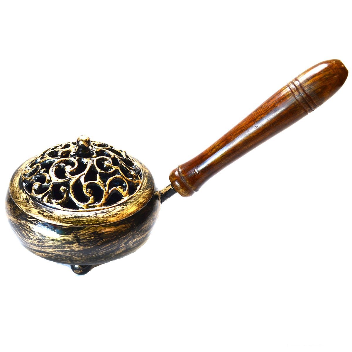 9" Antiqued Golden Metal Charcoal Incense Burner w/ Wooden Handle