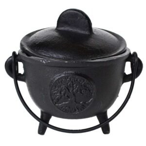 5" Cast Iron Cauldron w/ Lid Tree Of Life