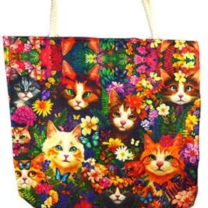 17" x 17" Cat & Flowers Jute Tote Bag