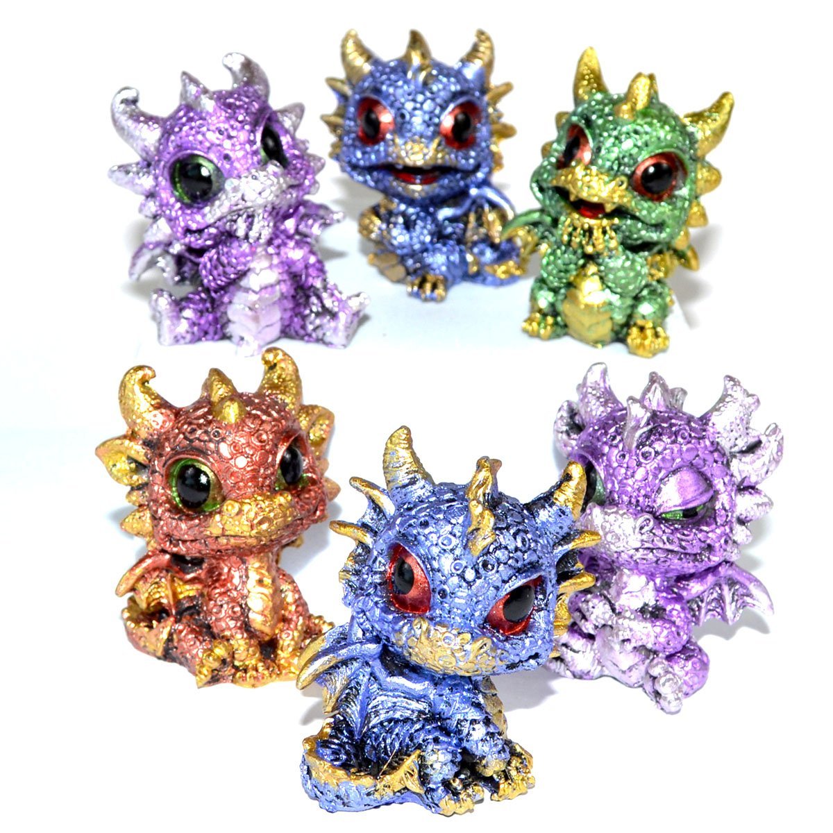 Set Of 6 Baby Dragons 1 3/4" Shimmering Metallic Figurines