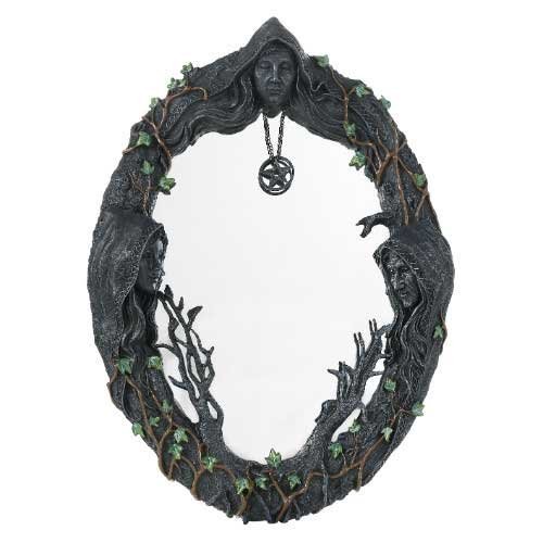 17" Maiden, Mother, Crone Oval Wall Mirror in Resin