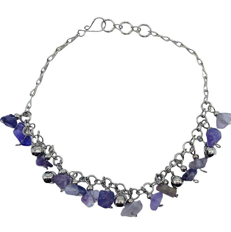 Moon & Star Silver Anklet With Chimes And Colored Chips 10"