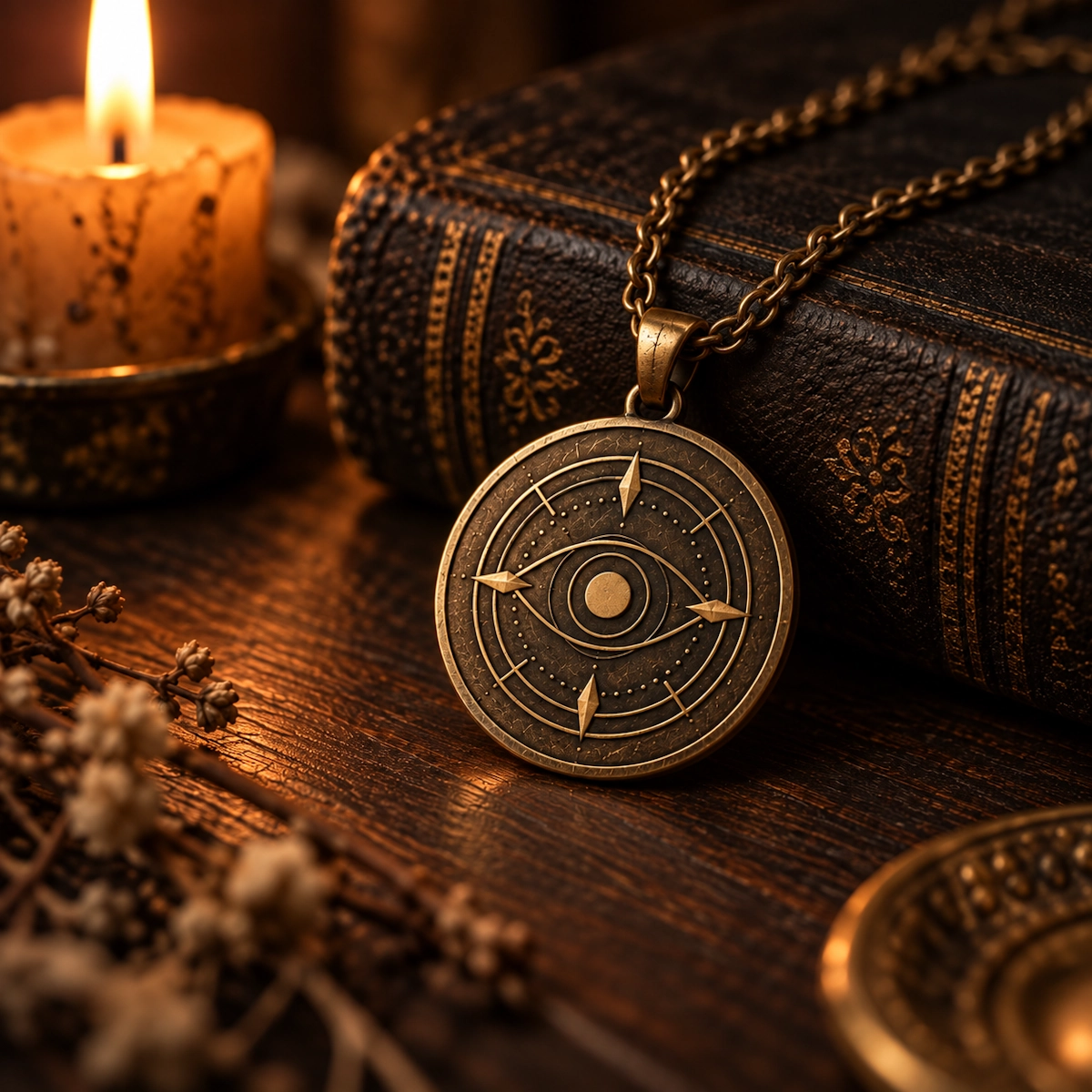 Bronze medallion bearing an eye motif, resting beside an old book by candlelight